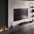 Modern TV Wall With Black Vertical Panels Gray Backdrop Built-in TV Fireplace And Metal Shelves