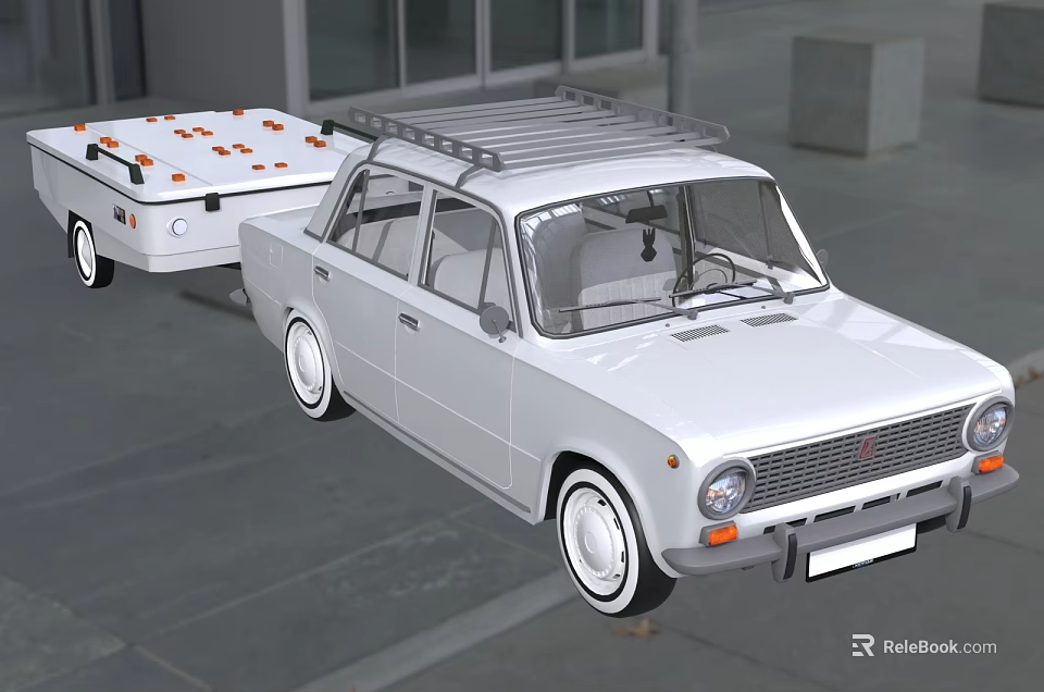 White Classic Car With Roof Rack Towing Trailer And Orange Boxes 3d model 