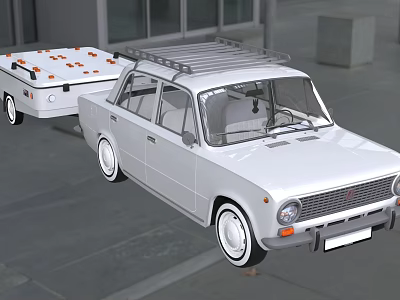 White Classic Car With Roof Rack Towing Trailer And Orange Boxes 3d model