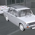 White Classic Car With Roof Rack Towing Trailer And Orange Boxes