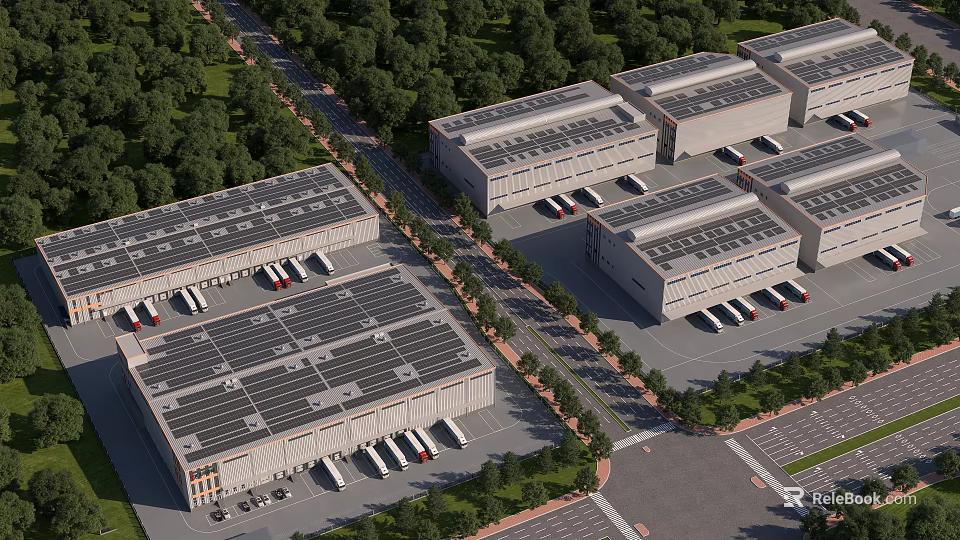 Aerial Planning View of Industrial Warehouses Featuring Solar Panel Roofs Greenery and Delivery Trucks 3d model 