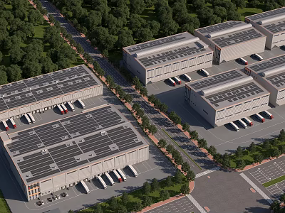 Aerial Planning View of Industrial Warehouses Featuring Solar Panel Roofs Greenery and Delivery Trucks 3d model