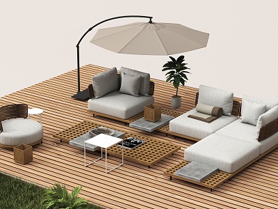 Modern outdoor sofa coffee table combination umbrellas flowers and plants 3d model