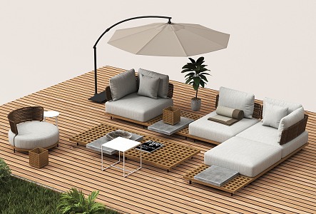 Modern outdoor sofa coffee table combination umbrellas flowers and plants 3d model