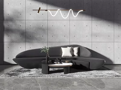 Curved Multi seat Sofa With Small Coffee Table Green Plant Wavy Pendant Light And Gray Wall 3d model