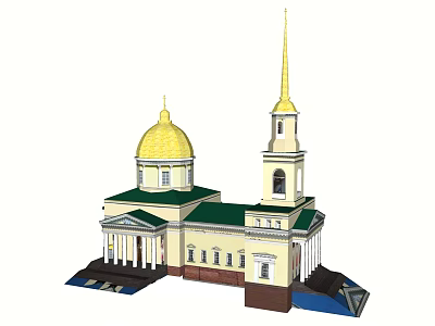 Ancient Architecture Featuring Golden Dome Green Roof Bell Tower White Walls and Columns 3d model