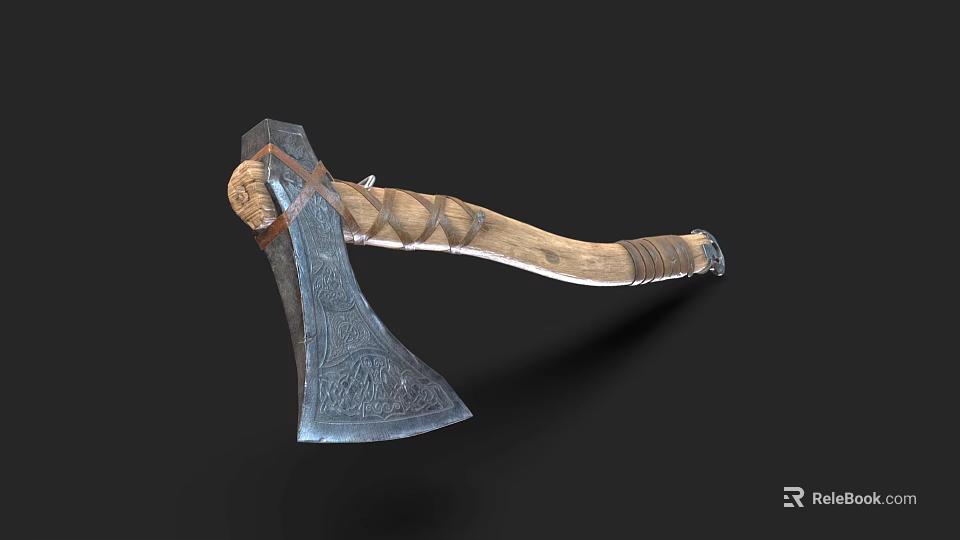 Traditional Axe With Wooden Handle Woven Texture And Carved Metal Head 3d model 