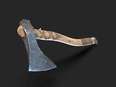 Traditional Axe With Wooden Handle Woven Texture And Carved Metal Head 3d model