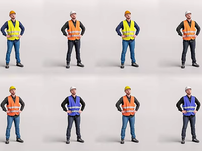 Men Wearing Various Colored Safety Vests And Hard Hats With Hands On Hips 3d model