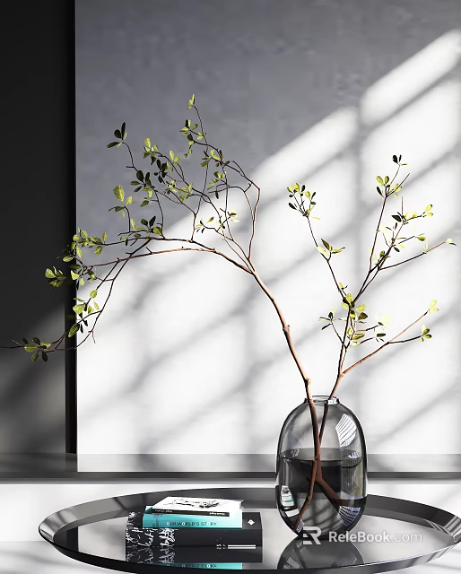 Transparent Glass Vase With Green Leaf Branches Against White Wall With Light Shadows 3d model 