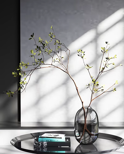 Transparent Glass Vase With Green Leaf Branches Against White Wall With Light Shadows 3d model