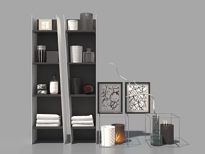 Modern Shower Sauna Space With Black White Shelves Candles Towels And Decorative Artworks 3d model