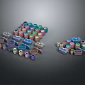 Colorful Plastic Storage Containers With Mixed Blue Pink Green Hues Stacked In Piles