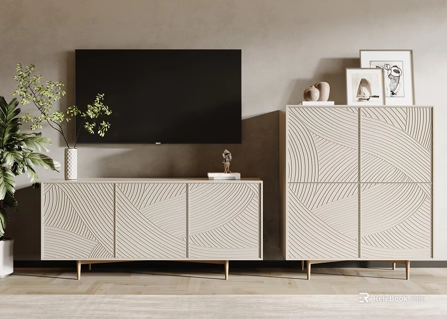 Modern Interior TV Stand With Linear Pattern Design And Decorative Items Near TV 3d model 
