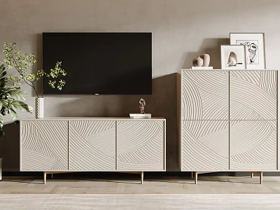 Modern Interior TV Stand With Linear Pattern Design And Decorative Items Near TV 3d model