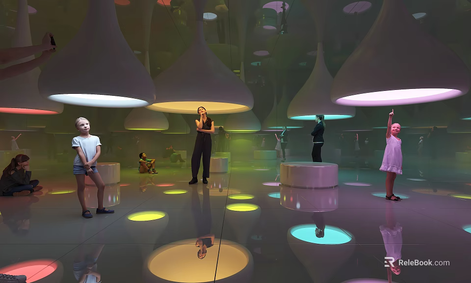 Interactive Amusement Park Playground With Colorful Light Domes Reflective Floors And People Playing 3d model 