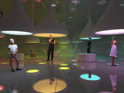 Interactive Amusement Park Playground With Colorful Light Domes Reflective Floors And People Playing 3d model