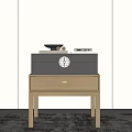 Wooden Side Table With Dark Box And Circular White Logo On Light Wall Background 3d model