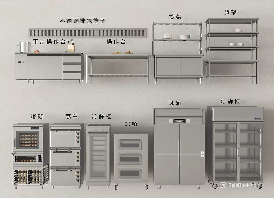 Commercial Kitchen Setup With Stainless Steel Equipment Shelves Worktables Refrigerators Freezers And Ovens 3d model 