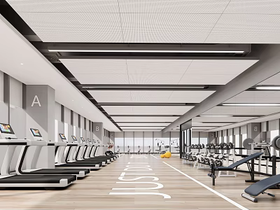 Spacious Modern Gym With Treadmills Fitness Equipment Wooden Flooring And Bright Interior 3d model