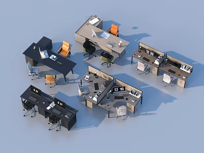 Modern Office Desk and Chair Combinations Featuring Workstations and Computer Setups 3d model