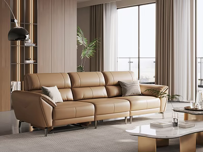 Modern Brown Leather Sofa Coffee Table Set With Throw Pillows White Gold Table 3d model
