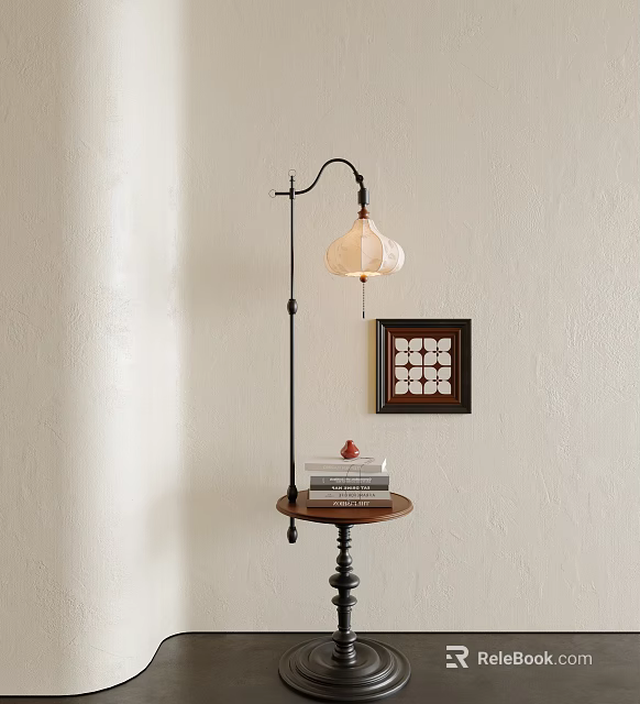 Floor Lamp With Black Metal Stand Beige Lampshade Wooden Tray Base Books And Wall Art 3d model 