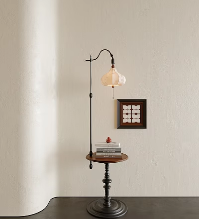 Floor Lamp With Black Metal Stand Beige Lampshade Wooden Tray Base Books And Wall Art 3d model