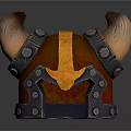 3D Rendered Fantasy Horned Helmet With Orange Red Design And Metal Details