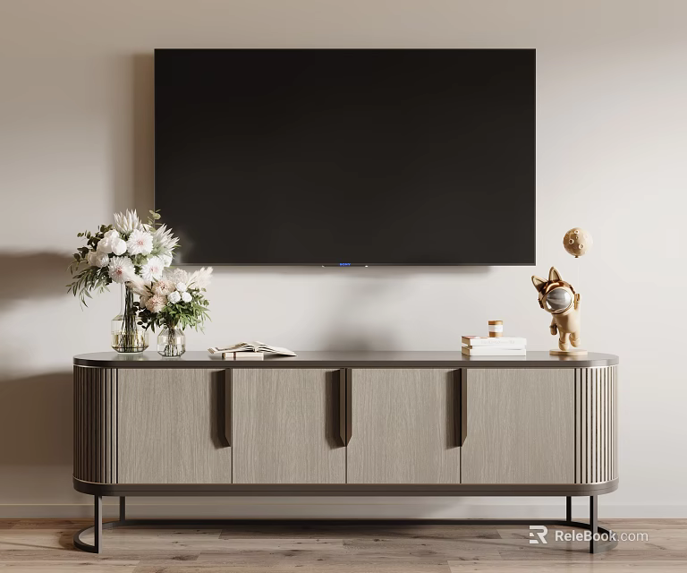 Modern TV Stand with Mounted TV Flower Vase Decorative Items and Wooden Cabinets 3d model 