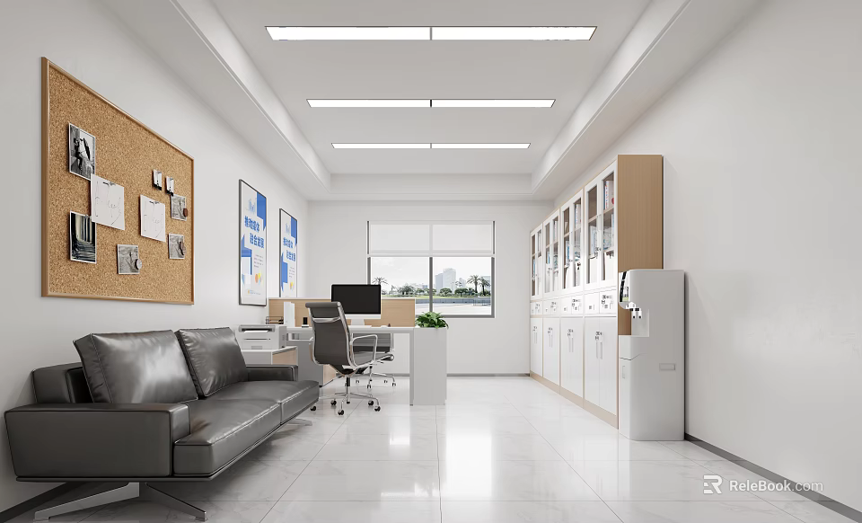 Modern Office Interior Design With Sofa Desk Computer Cabinets Corkboard Window And Plant 3d model 
