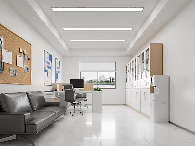 Modern Office Interior Design With Sofa Desk Computer Cabinets Corkboard Window And Plant 3d model