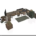 Vintage Workspace Interior With Wooden Desk Green Cabinet Crates Map And Rug