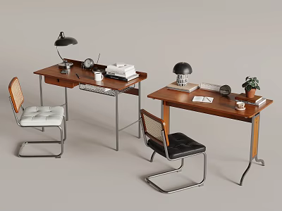 Stylish Home Office Desks With Wooden Tops Metal Legs Chairs And Lamps 3d model