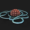 Biological Microorganism Structure Featuring Red Spherical Form Circular Patterns And Light Blue Coiled Appendages