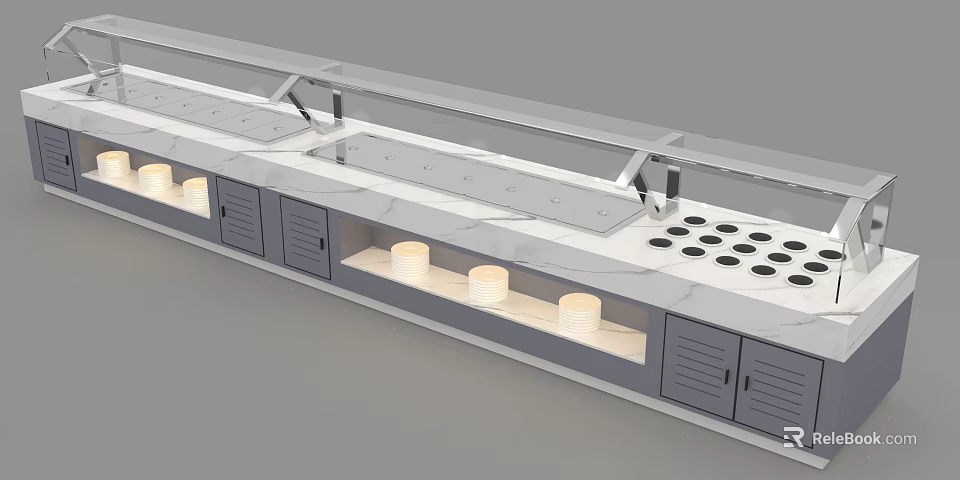 Modern Hot Pot Restaurant Self Service Condiment Bar With Marble Countertop And Storage Cabinets 3d model 