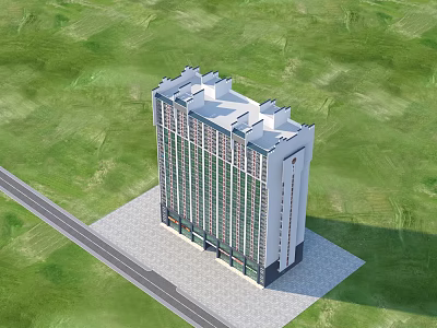 Modern High Rise Residential Building With Green Lawn And Road Nearby 3d model