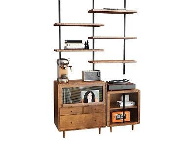 Vintage Wooden Decorative Cabinet With Glass Door Shelves And Displayed Radio Vinyl Records 3d model