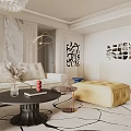Modern Elegant Sofa Set With White And Gold Sections Round Rug Coffee Table And Chandelier