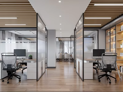 Bright Modern Public Office Space With Glass Partitions Desks Ergonomic Chairs And Wooden Flooring 3d model