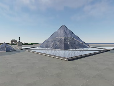 Main Glass Pyramid of Louvre with Smaller Pyramids in Open Square and Blue Sky 3d model