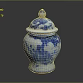 Blue and White Ceramic Jar With Intricate Floral Sculptures And Decorative Lid