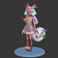 Pink Haired Girl Character With Rabbit Companion Flower Decorations And Blue Base