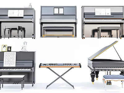 Various Musical Instruments and Art Supplies Including Pianos Keyboards Paintbrushes and Art Materials 3d model