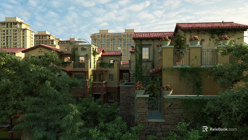 Residential Buildings With Red Tile Roofs Yellow Beige Exteriors Vines On Walls And Green Trees 3d model 