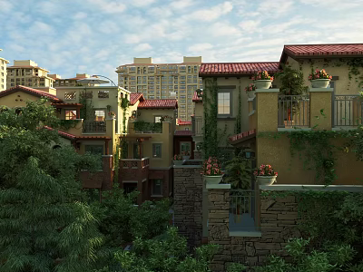 Residential Buildings With Red Tile Roofs Yellow Beige Exteriors Vines On Walls And Green Trees 3d model