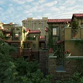 Residential Buildings With Red Tile Roofs Yellow Beige Exteriors Vines On Walls And Green Trees