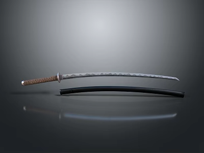Traditional Japanese Katana With Curved Blade Wrapped Handle And Black Sheath 3d model