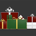 Colorful Gift Boxes In Red Green White With Gold Ribbons And Silver Bows