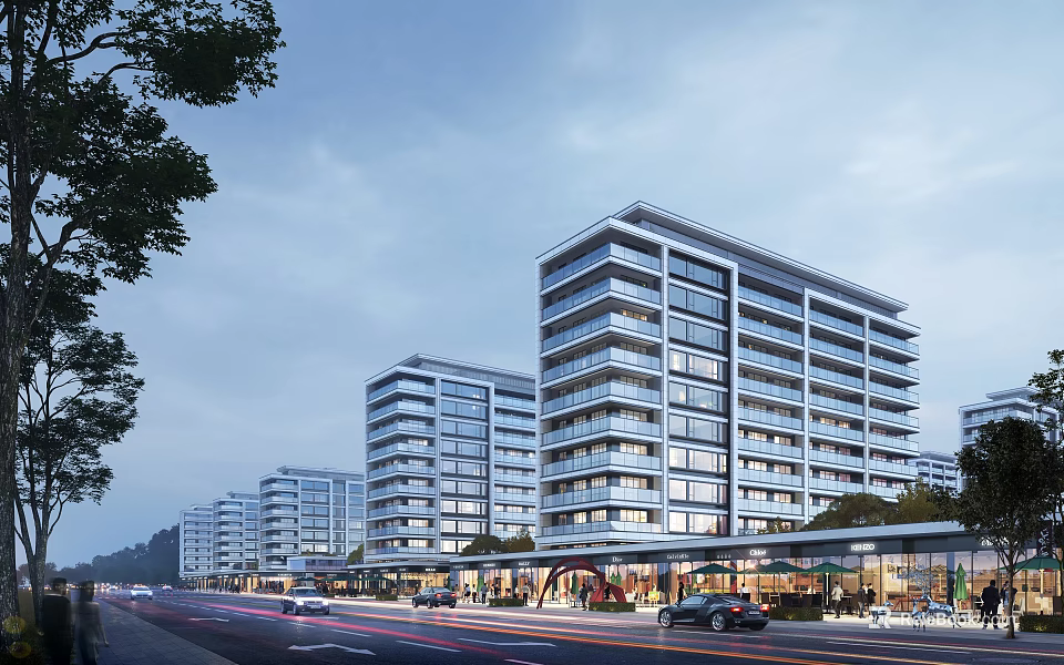 Modern Residential Buildings Exterior With Street Pedestrians Vehicles And Commercial Facilities 3d model 